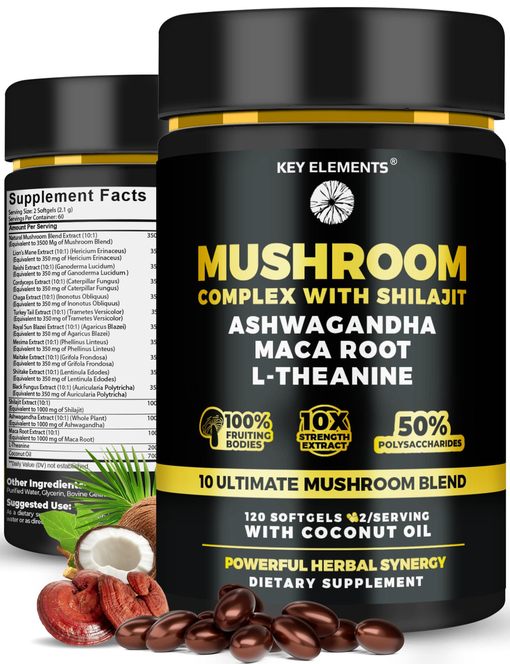KEY ELEMENTS Organic Mushroom Complex bottle for daily focus and immune support.