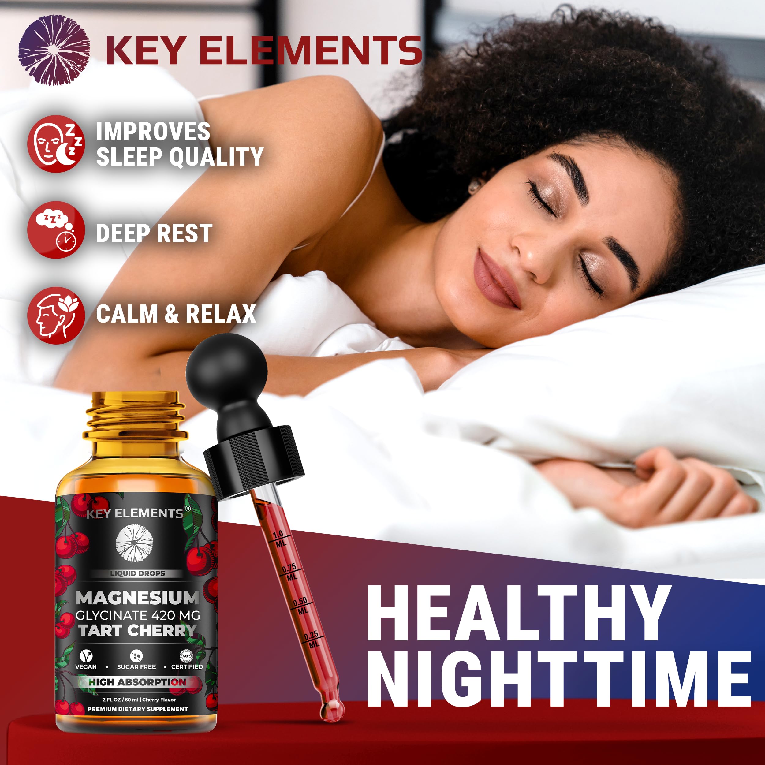 Key Elements Tart Cherry Extract bottle close-up showing flavor and ingredients.
