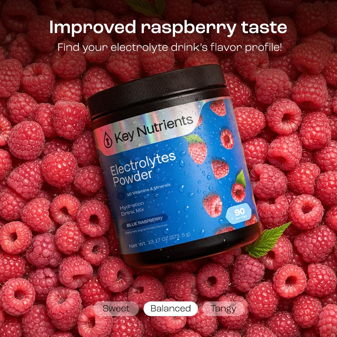 KEY NUTRIENTS blue raspberry sachet poured into water for quick hydration.