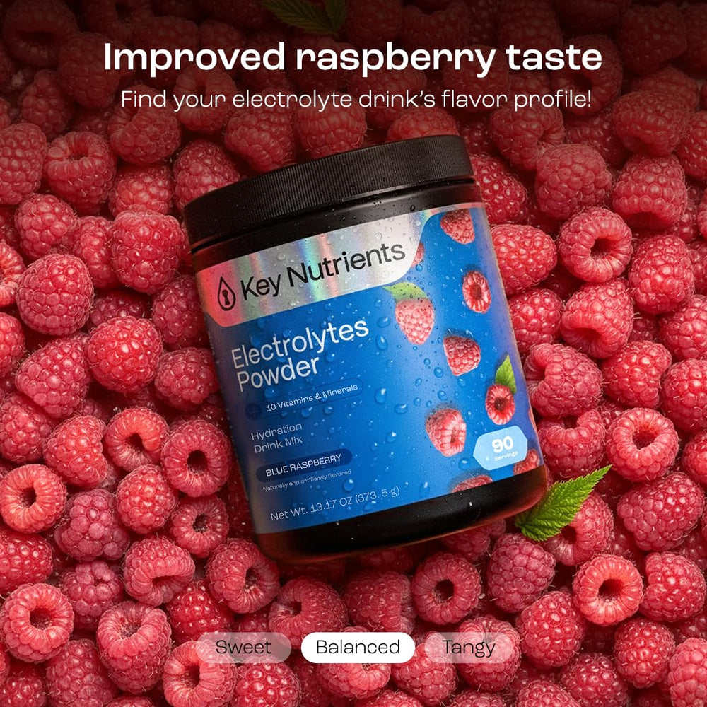 KEY NUTRIENTS blue raspberry sachet poured into water for quick hydration.