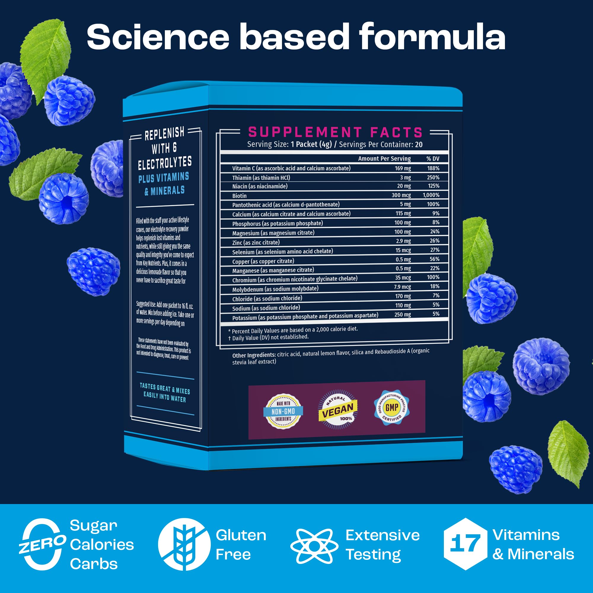 Pouring KEY NUTRIENTS blue raspberry electrolyte powder into a glass for refreshing hydration