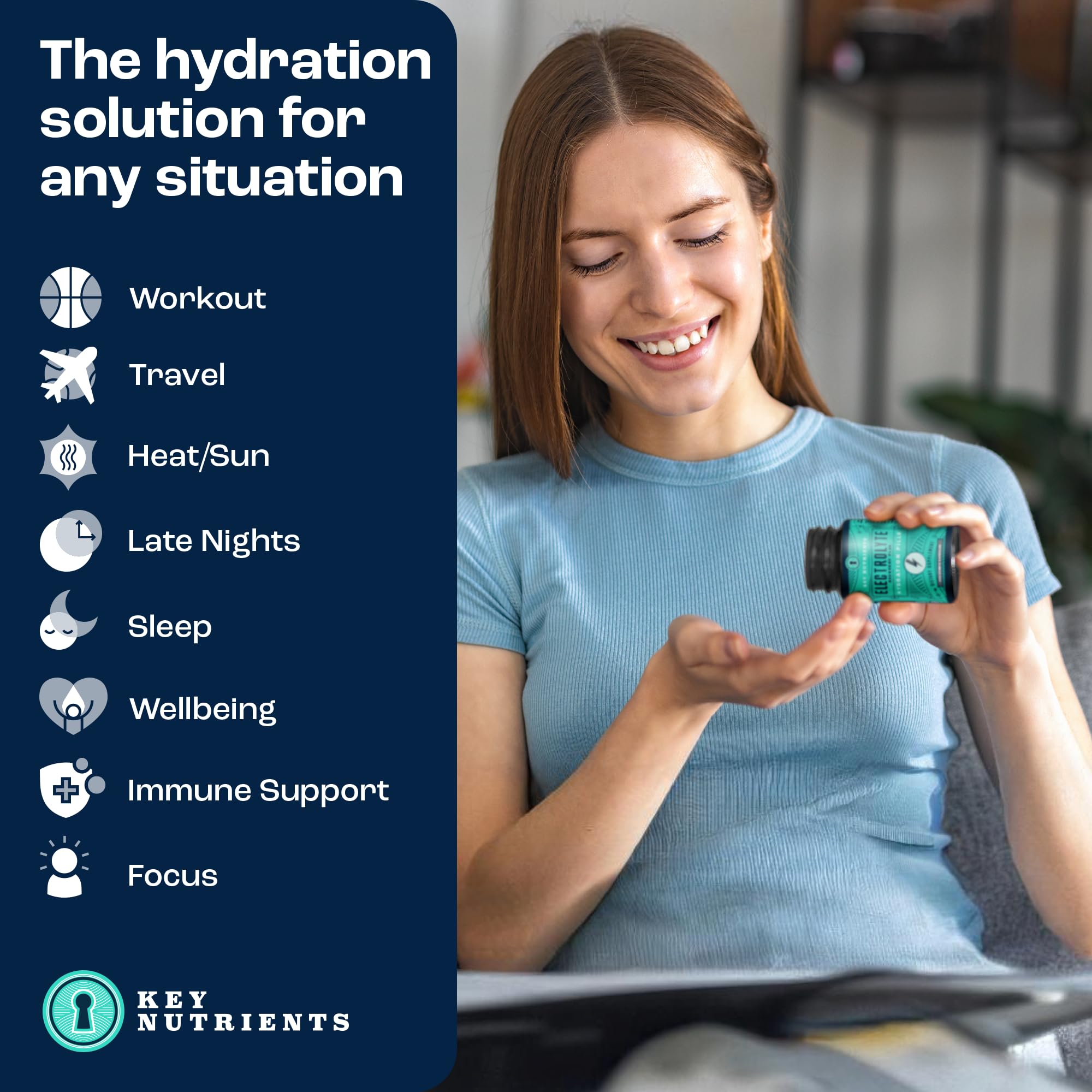 A user taking KEY NUTRIENTS Electrolyte Tablets during a workout for hydration.