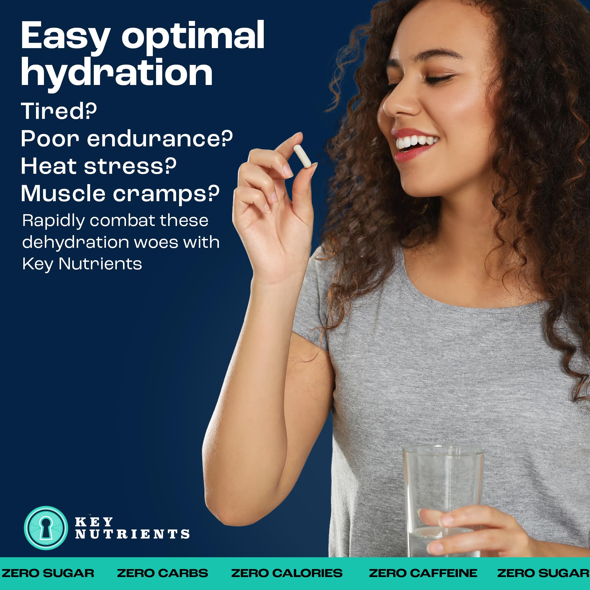 KEY NUTRIENTS electrolyte tablets packaging showcasing 200 capsules and no sugar.