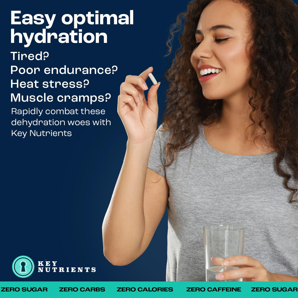 KEY NUTRIENTS electrolyte tablets packaging showcasing 200 capsules and no sugar.