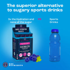 Closeup of KEY NUTRIENTS blue raspberry electrolyte packet showing convenient single-serve option