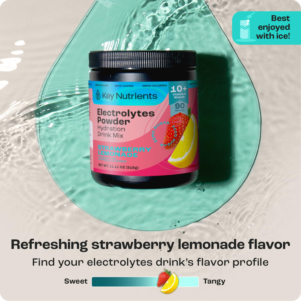 KEY NUTRIENTS electrolyte powder pour illustrating easy mixing and refreshing sip.