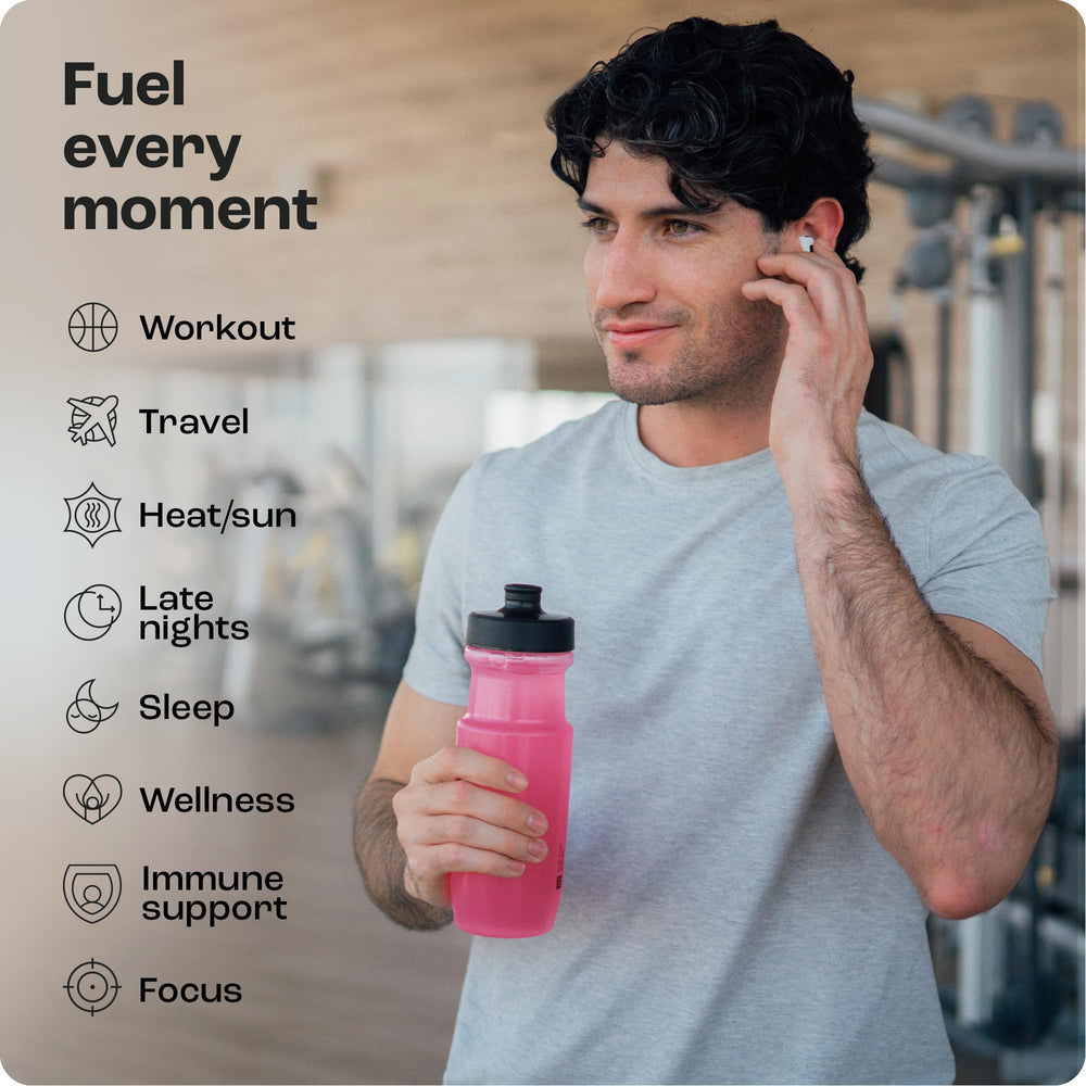 KEY NUTRIENTS travel tin demonstrates convenient zero-calorie hydration during travel.