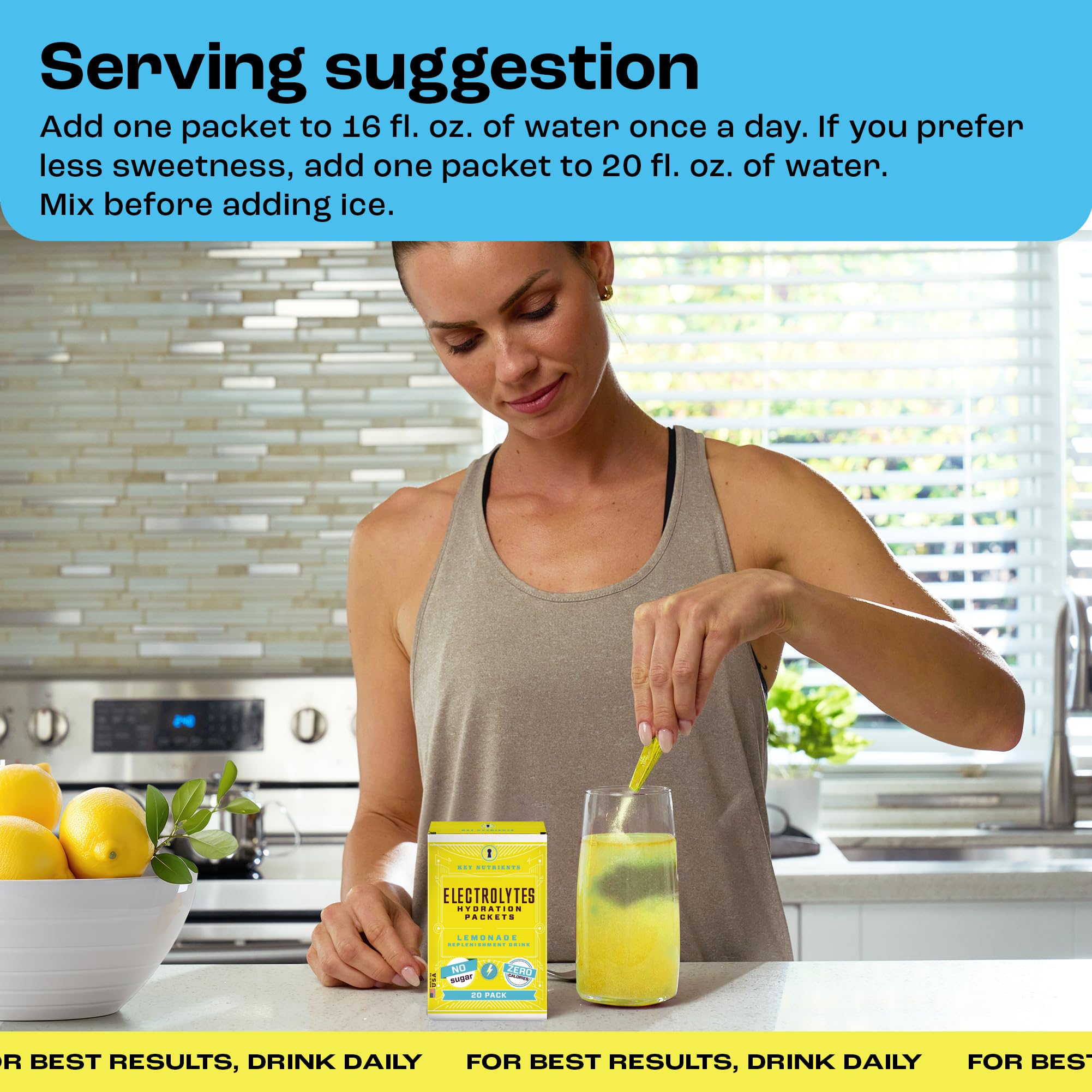 Key Nutrients electrolyte packets dissolving in water for quick refreshment