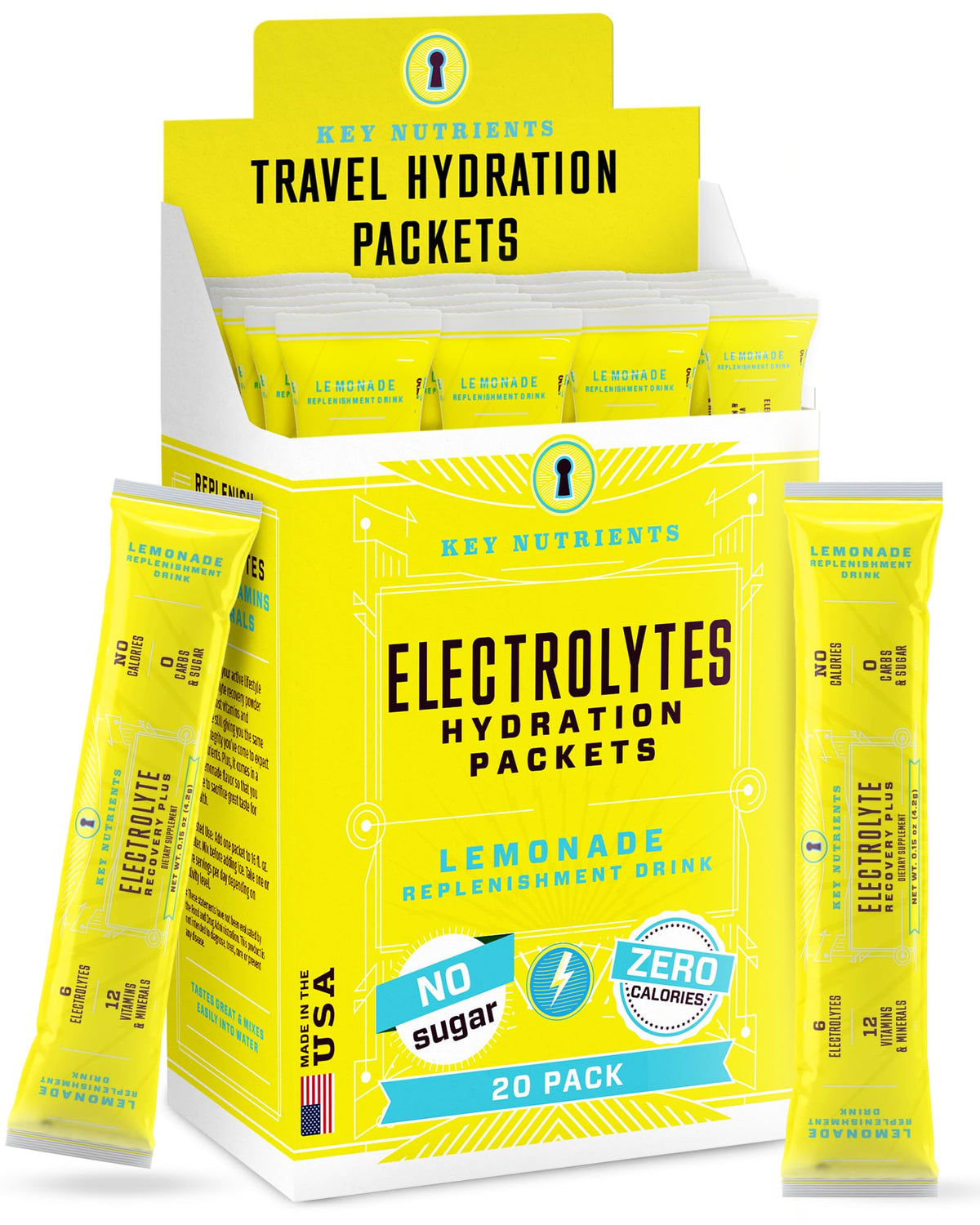 Key Nutrients electrolyte packets in lemonade packaging for on-the-go hydration