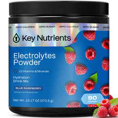 KEY NUTRIENTS electrolytes powder blue raspberry tub for sugar-free hydration during workouts.
