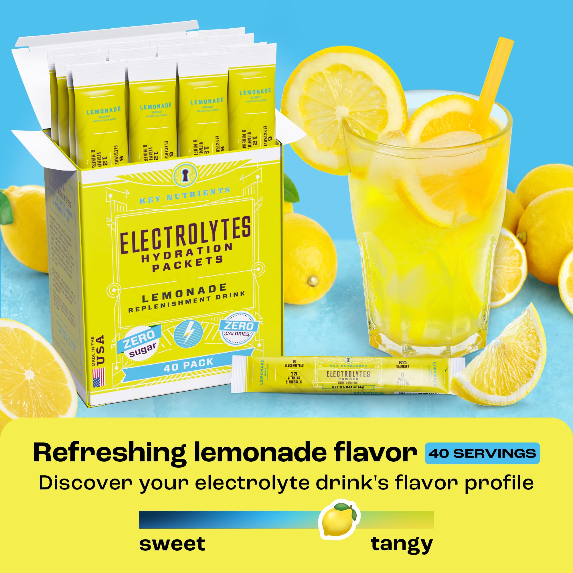 KEY NUTRIENTS electrolytes lemonade pack in cup demonstrates quick mix