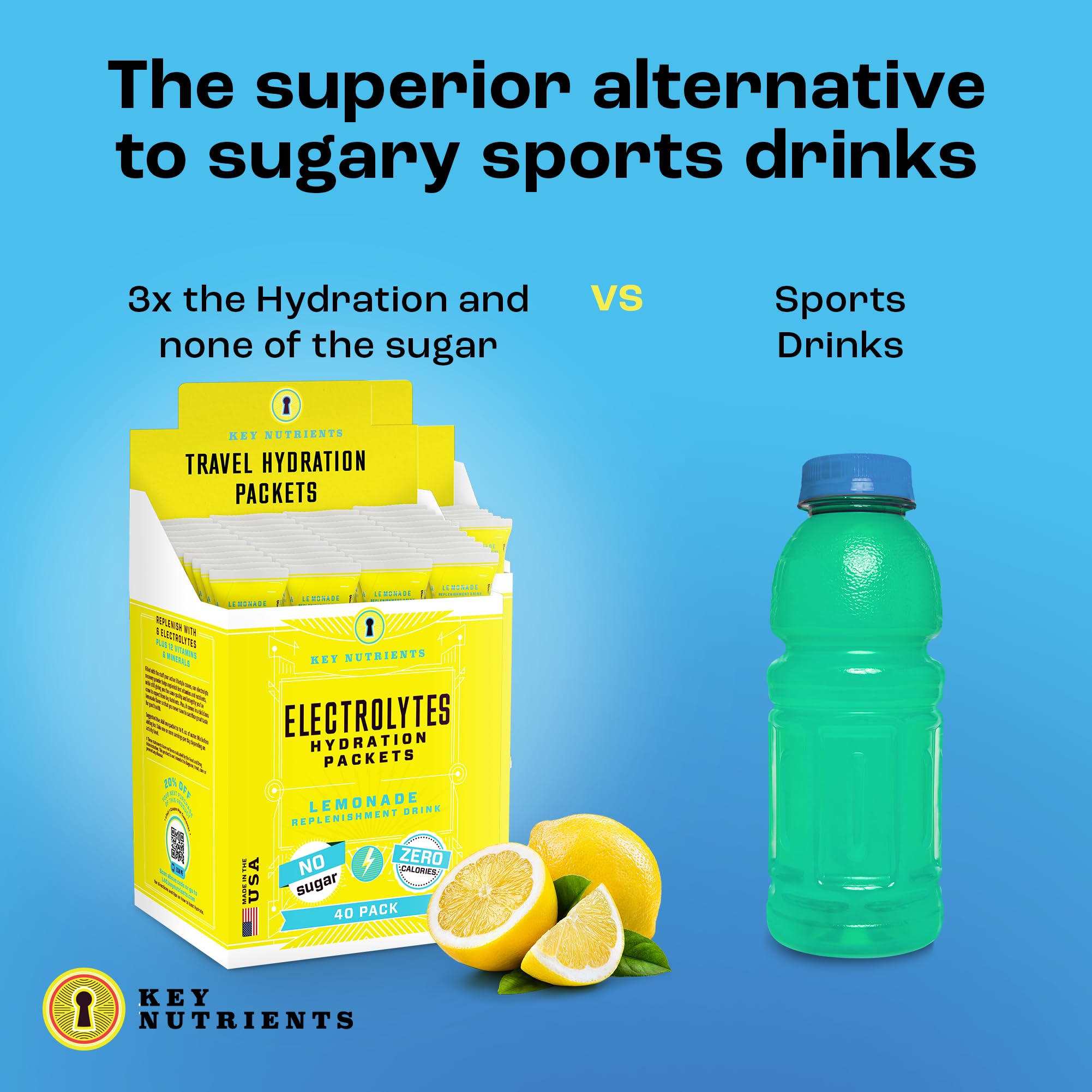 KEY NUTRIENTS electrolytes lemonade pack glass close-up showing refreshing lemon flavor