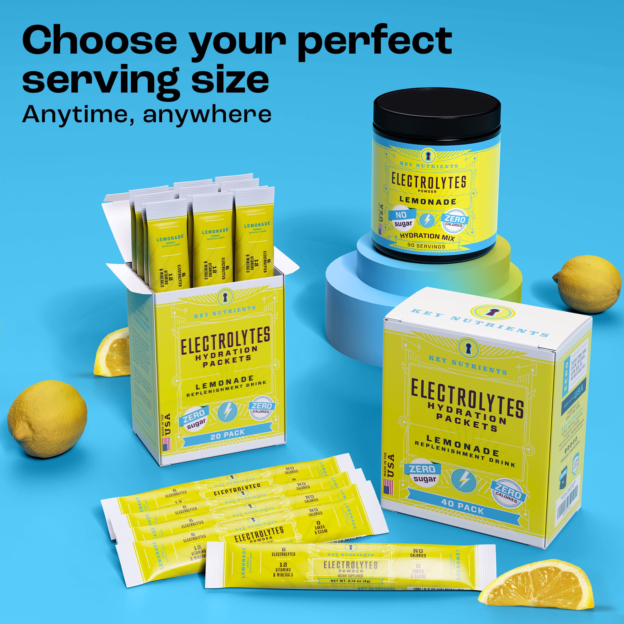 KEY NUTRIENTS electrolytes lemonade pack hero shot emphasizing zero sugar formula