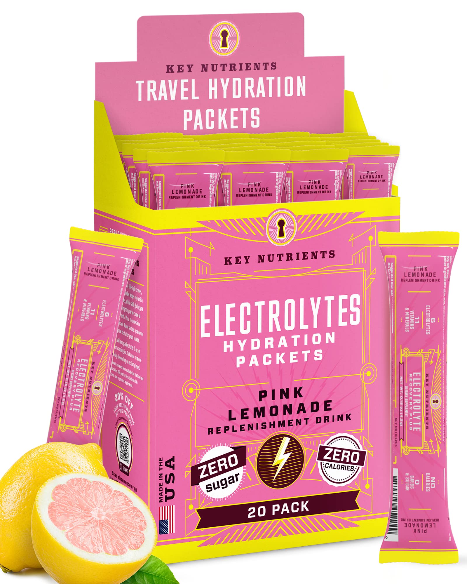 KEY NUTRIENTS electrolytes powder packets on countertop for on-the-go hydration