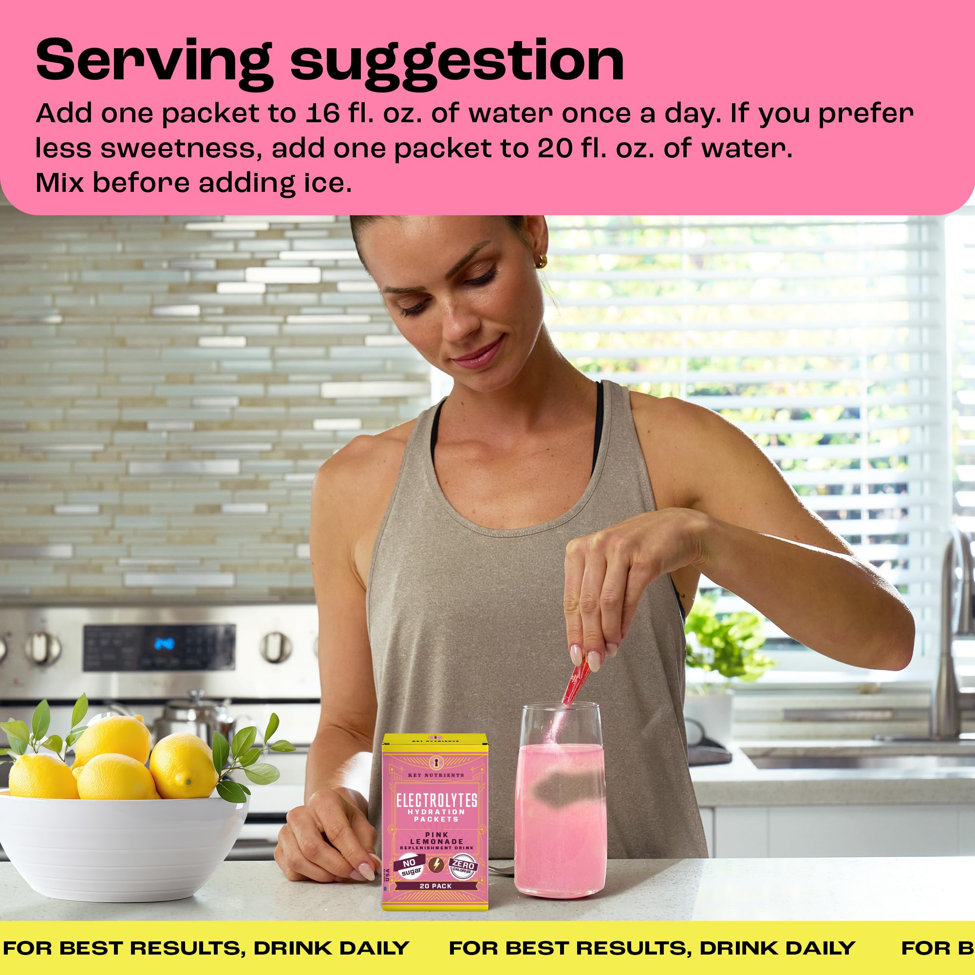 KEY NUTRIENTS pink lemonade flavor powder packets highlight gluten-free formula