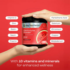 KEY NUTRIENTS hydration glass with watermelon flavor supports workouts.