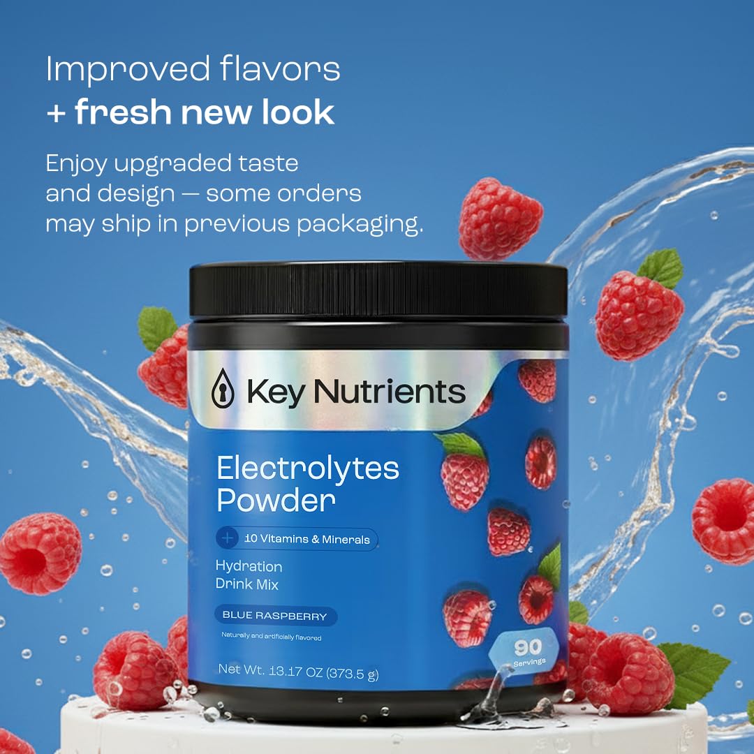 KEY NUTRIENTS hydration powder served in a glass, showing easy mix and refreshment.