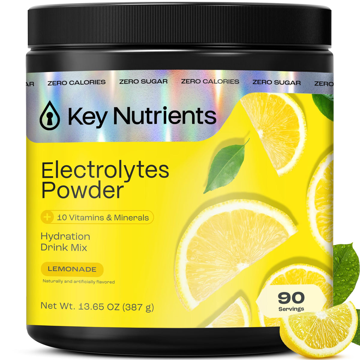 Key Nutrients lemonade electrolyte powder bottle showcases calorie-free hydration for active days.