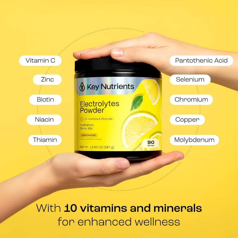 Key Nutrients lemonade powder glass presents refreshing hydration after activity.