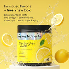 Key Nutrients lemonade electrolyte powder tub ready for daily mixing and refueling.