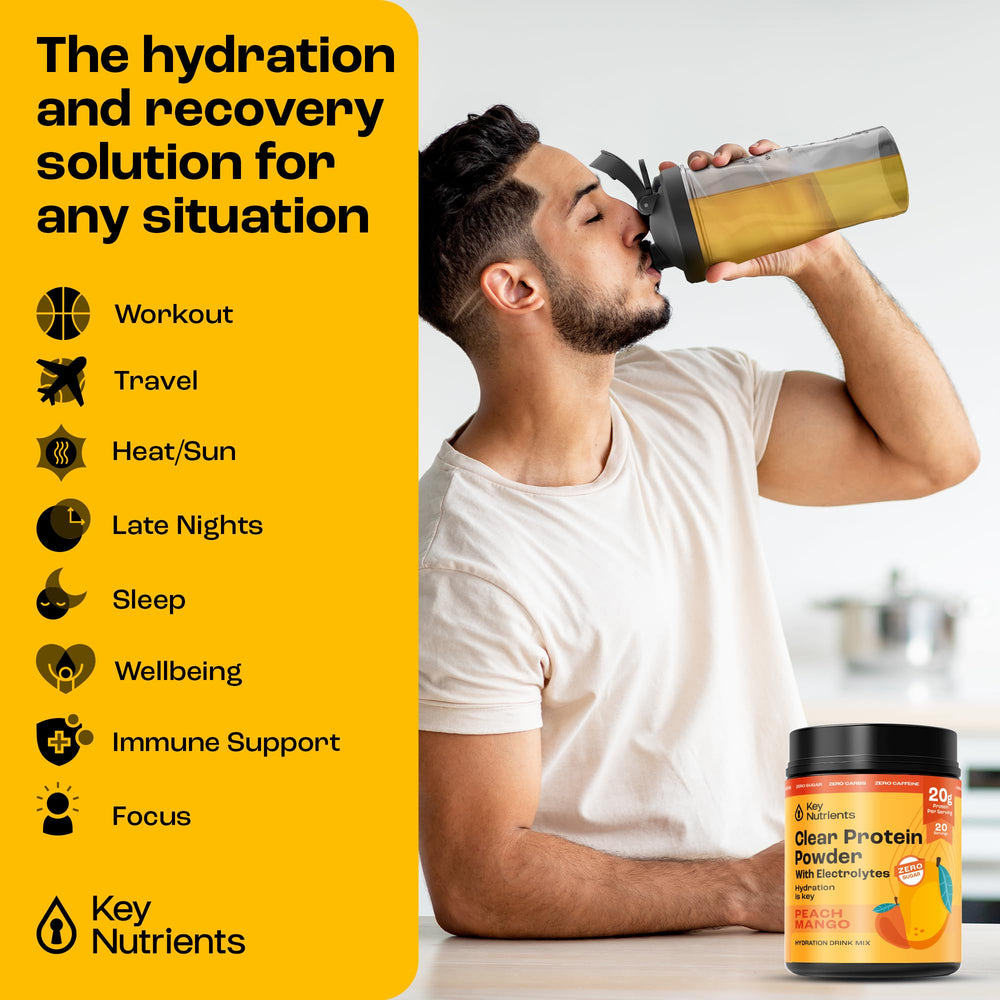 KEY NUTRIENTS Peach Mango electrolyte powder with fresh fruits suggesting natural flavor profile.