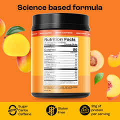 KEY NUTRIENTS Peach Mango electrolyte powder glass shows refreshing hydration during training.