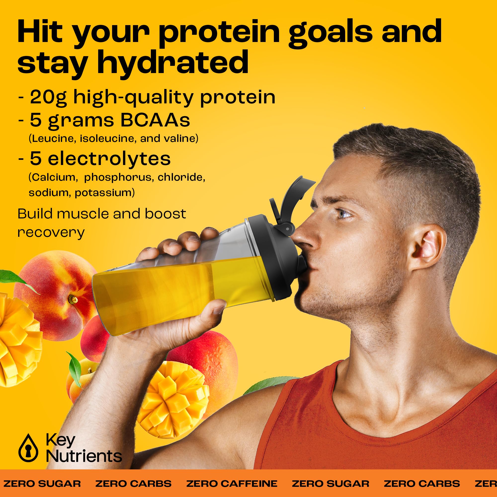 KEY NUTRIENTS Peach Mango electrolyte powder label highlights electrolytes and calories-free claim.