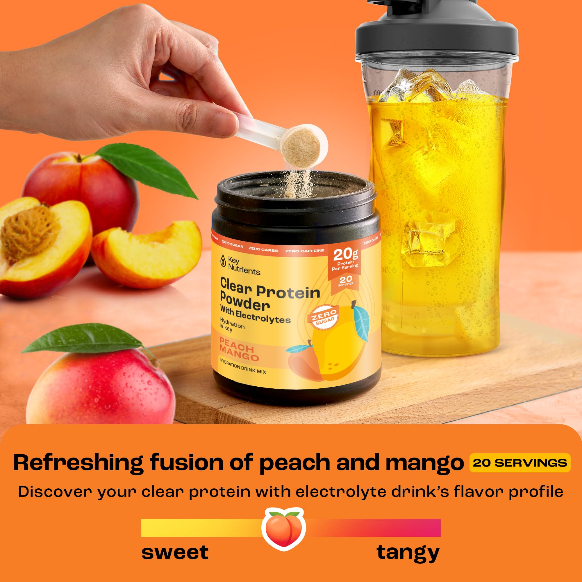 KEY NUTRIENTS Peach Mango electrolyte powder packaging displaying 20 servings count.