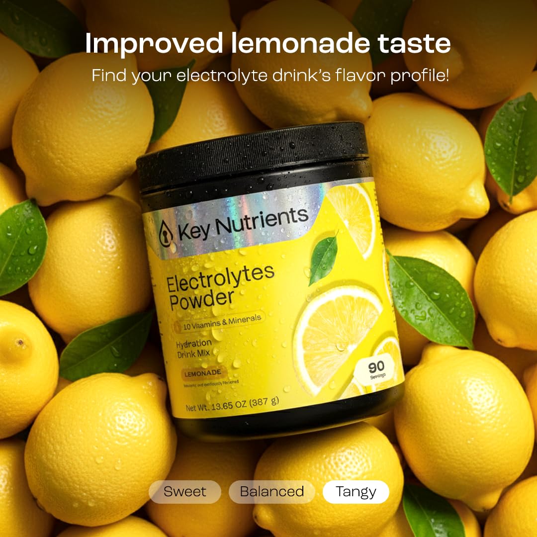 Key Nutrients sugar-free lemonade powder mix shown with no added sugar.