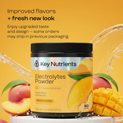 Key Nutrients tropical peach mango pour in glass signaling fast, convenient hydration anywhere
