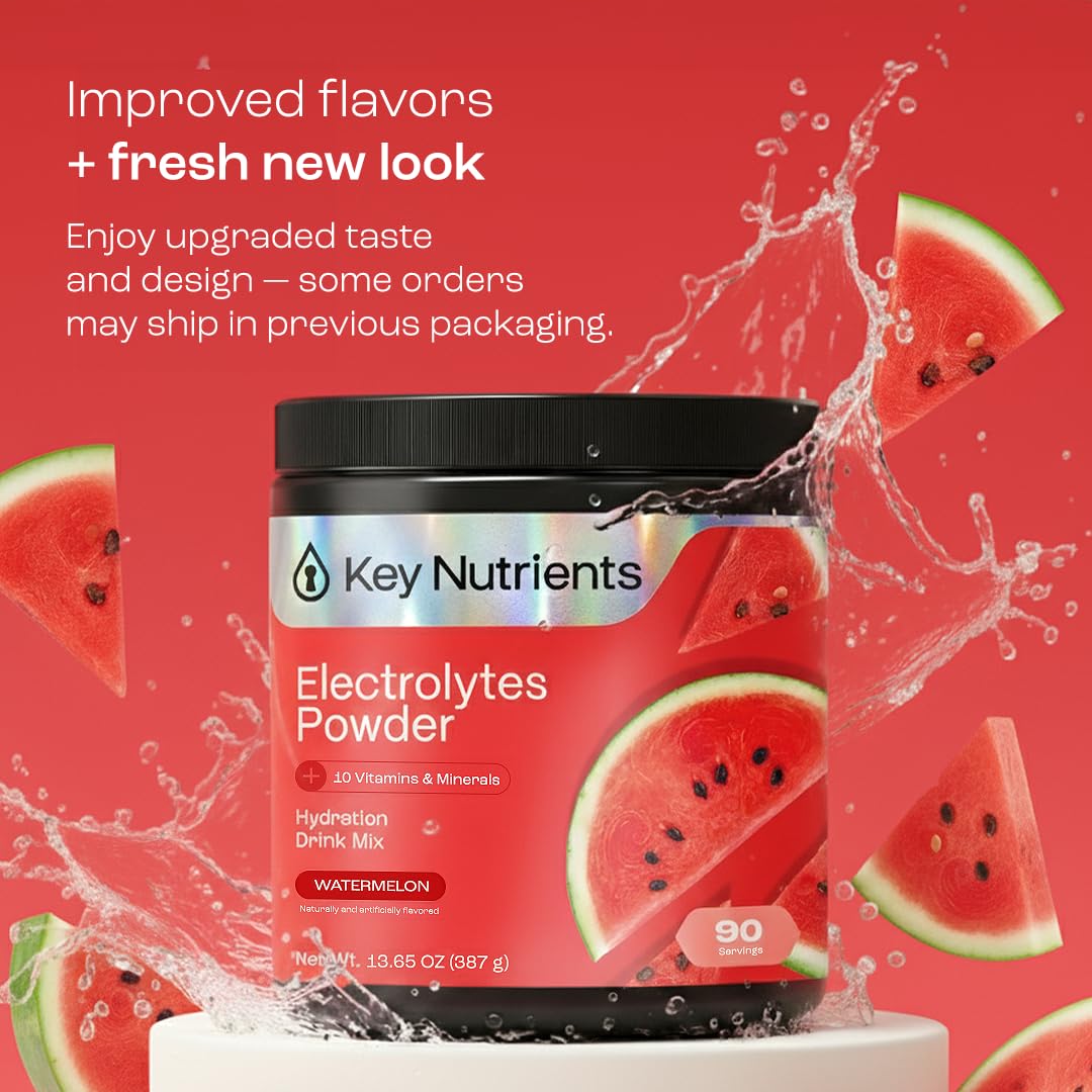 KEY NUTRIENTS watermelon electrolytes powder tub ready for quick mixing.
