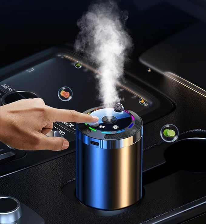 KEYSME car essential oil diffuser front view shows compact, space-saving design for car cup holders.