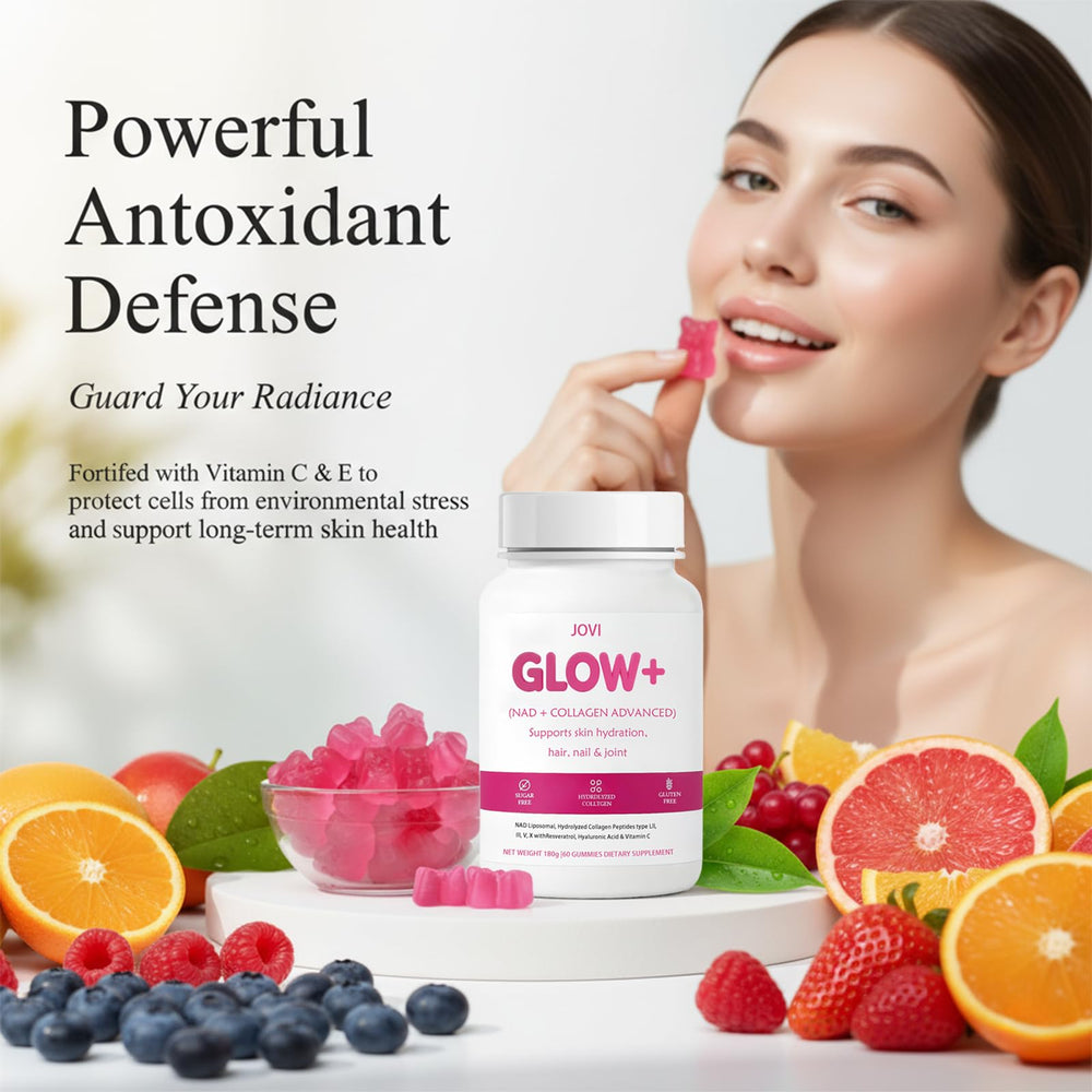 KFASJON Jovi Glow+ label highlights NAD+, collagen and vitamins