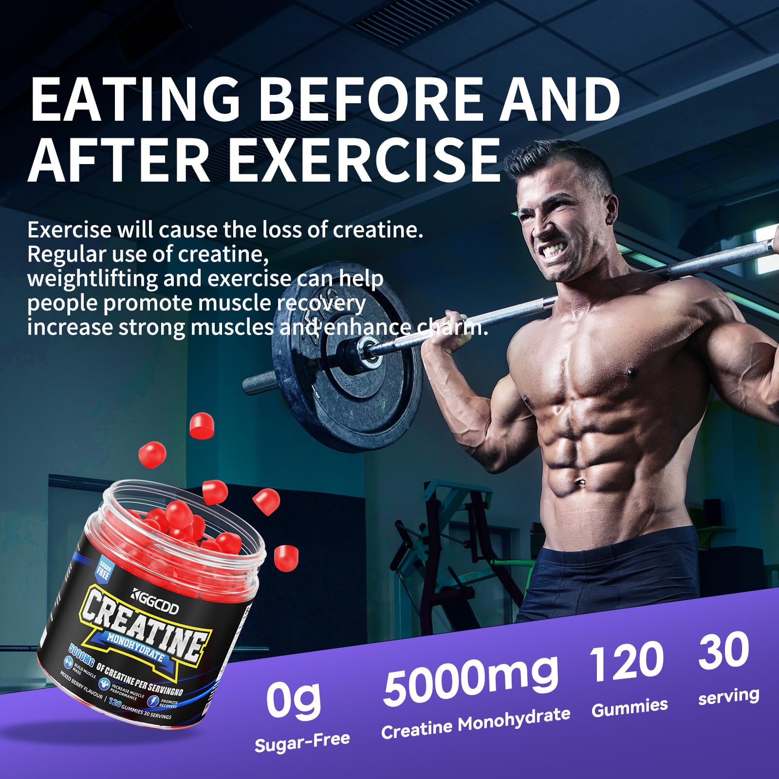 KGGCDD Creatine Monohydrate Gummies label highlights 5 g per serving for workouts.