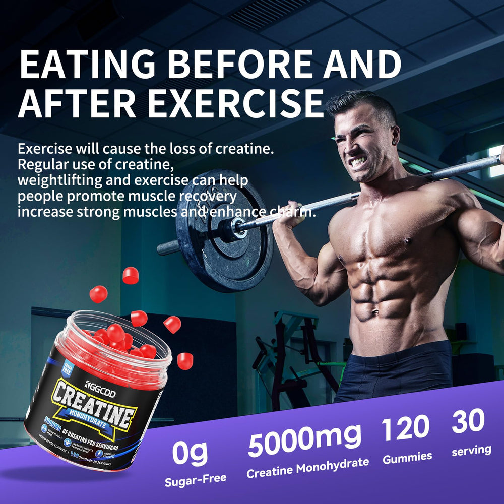 KGGCDD Creatine Monohydrate Gummies label highlights 5 g per serving for workouts.