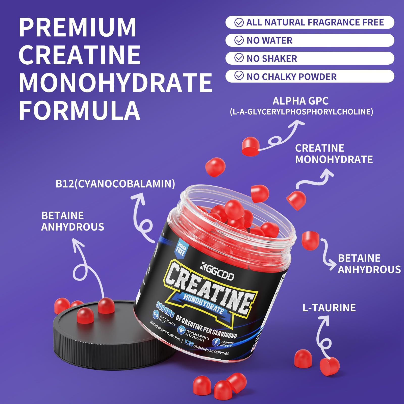 KGGCDD Creatine Monohydrate Gummies being poured for quick energy during training.