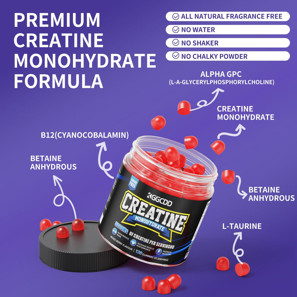 KGGCDD Creatine Monohydrate Gummies being poured for quick energy during training.