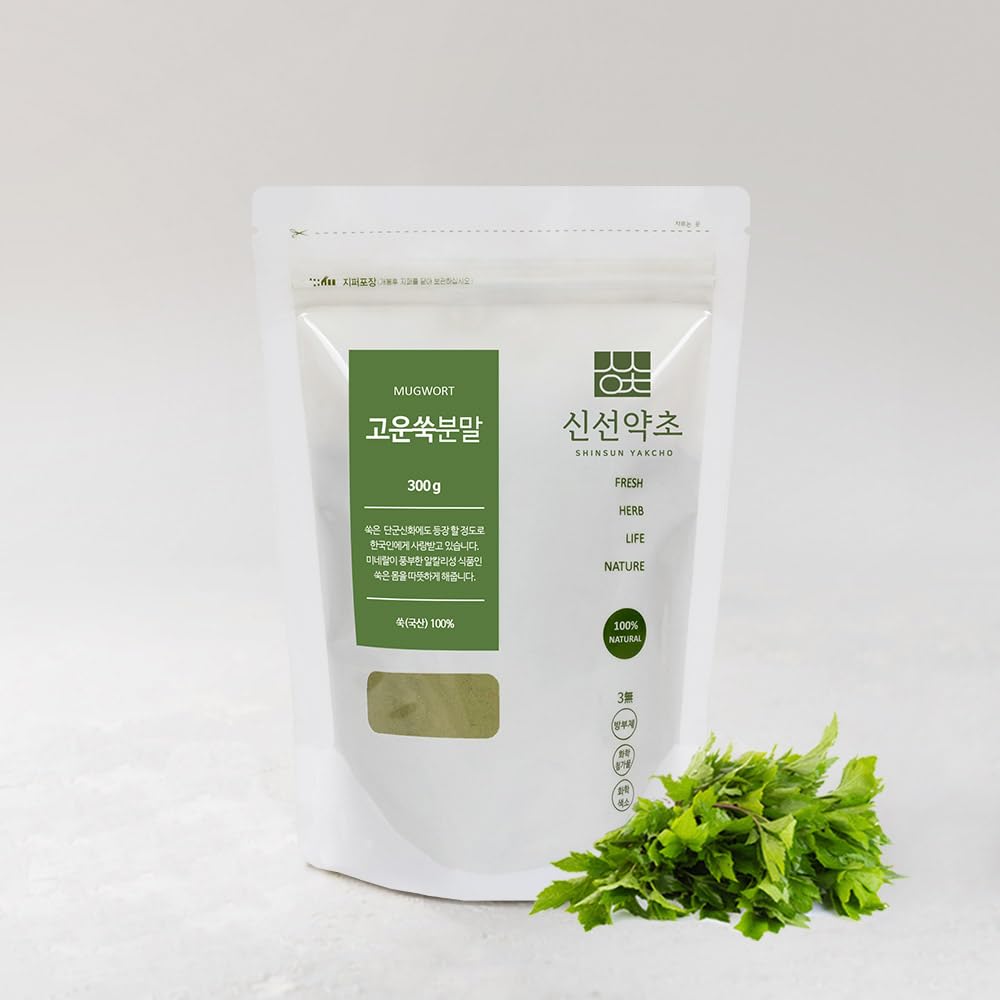 K-Herb Mugwort Powder leaves displayed with dried herb emphasizes quality origin.