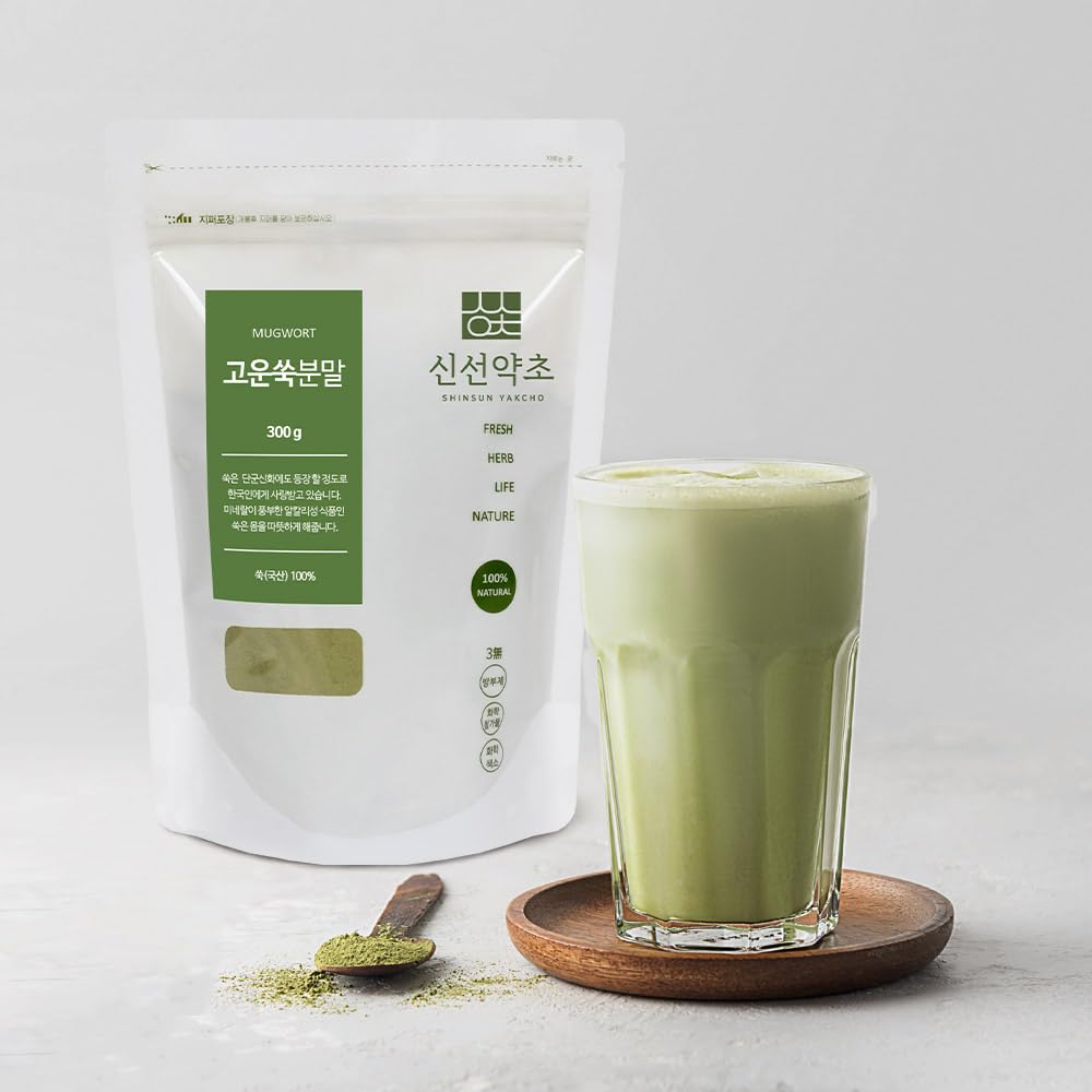 K-Herb Mugwort Powder being sifted suggests light, airy texture.