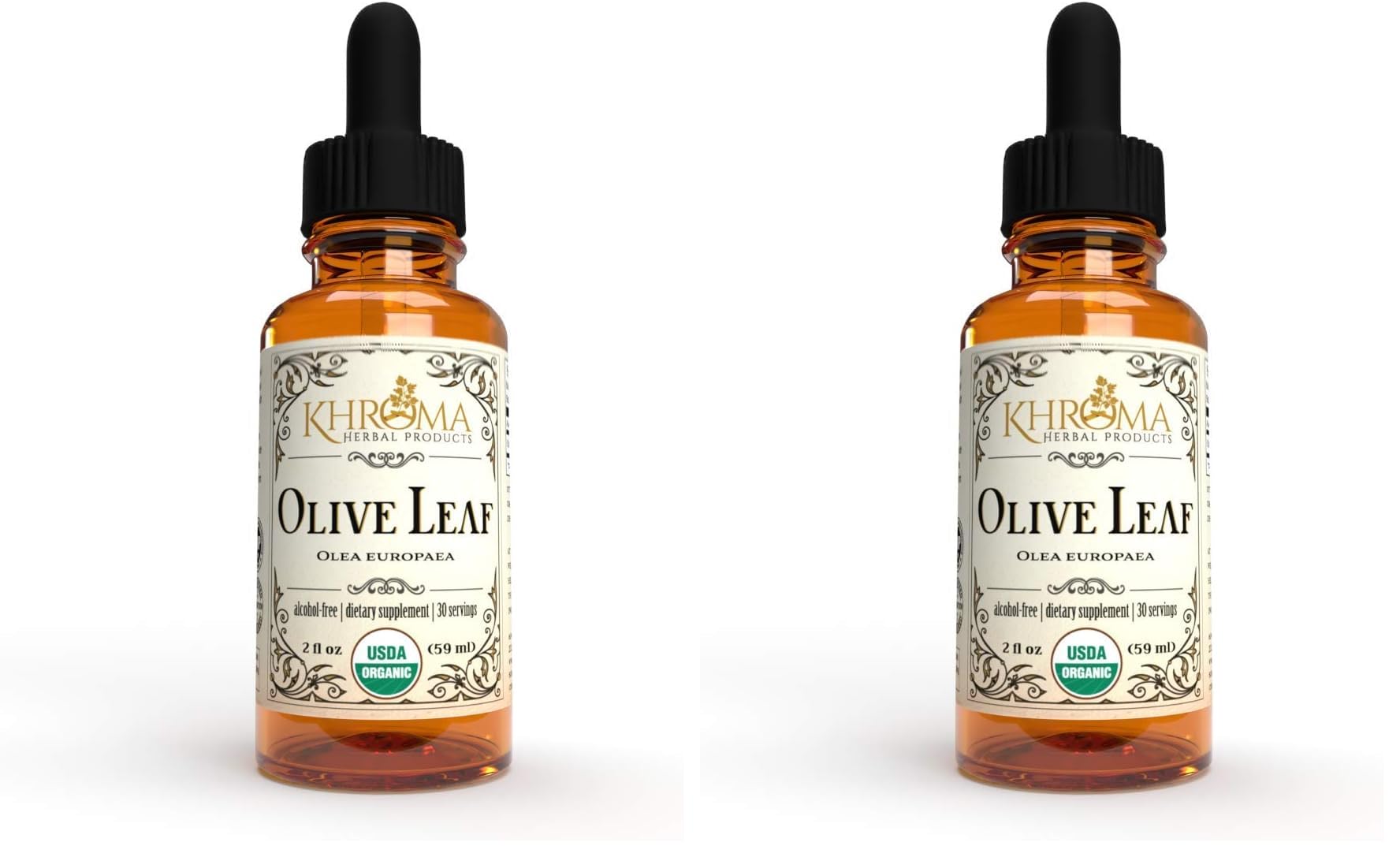 Khroma Organic Olive Leaf liquid bottle on white background, alcohol-free formula for everyday use.