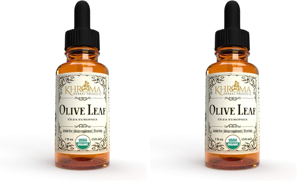 Khroma Organic Olive Leaf liquid bottle on white background, alcohol-free formula for everyday use.