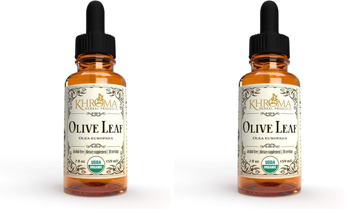 Khroma Organic Olive Leaf liquid bottle on white background, alcohol-free formula for everyday use.