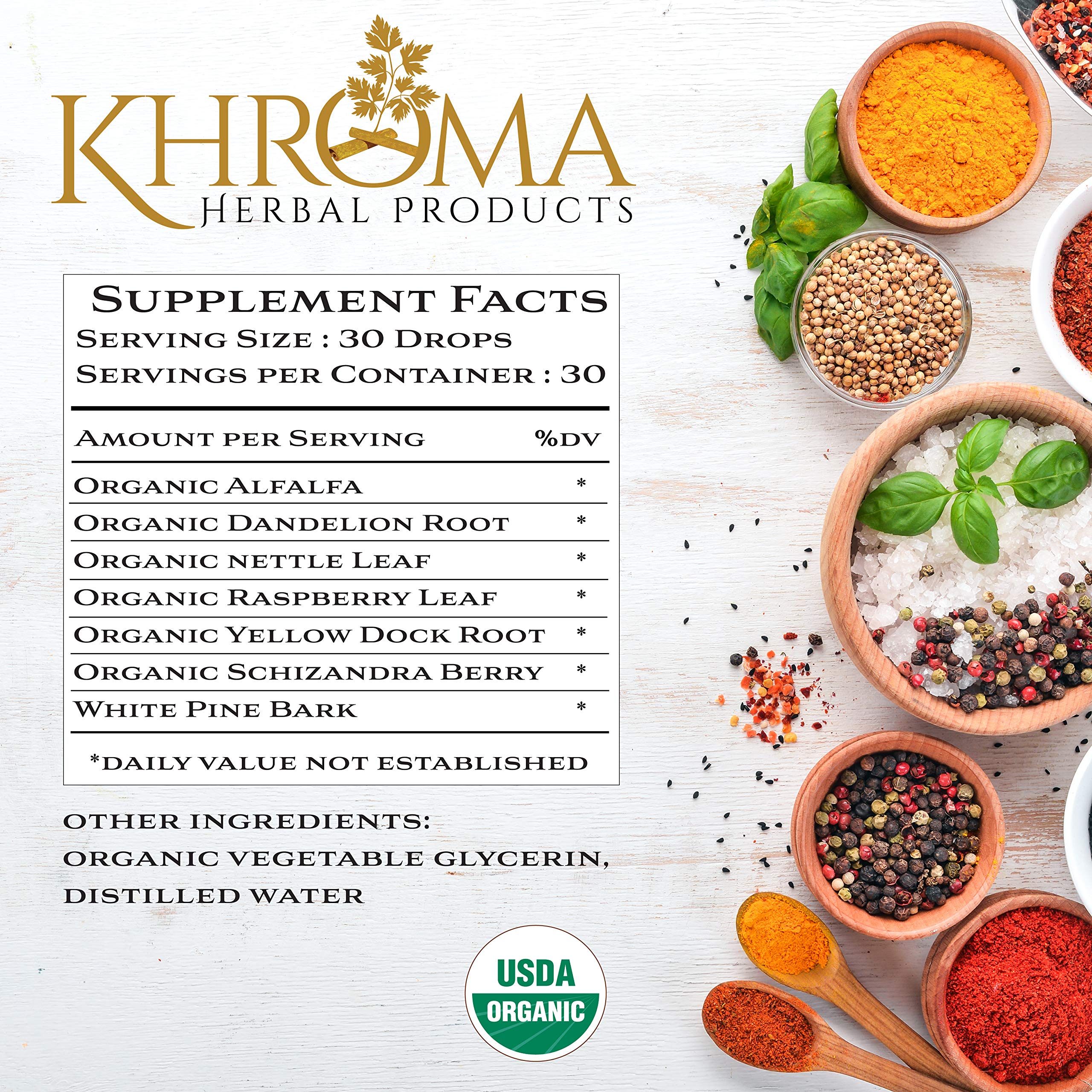 Khroma Organic Trace Minerals label close-up highlighting organic botanicals for natural mineral intake.