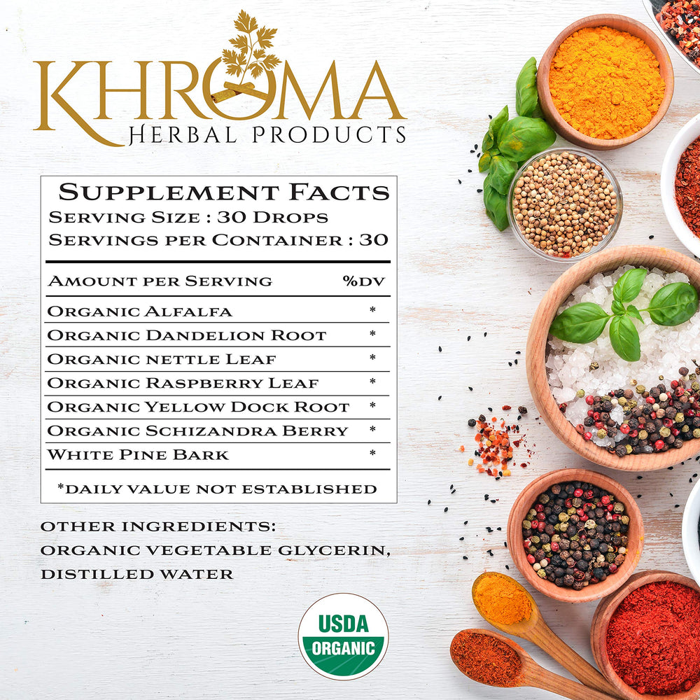 Khroma Organic Trace Minerals label close-up highlighting organic botanicals for natural mineral intake.