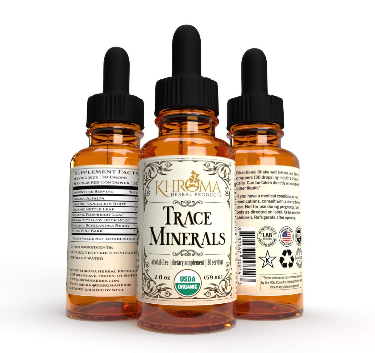 Khroma Organic Trace Minerals liquid drops ready to mix into water.