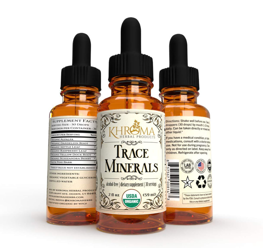 Khroma Organic Trace Minerals liquid drops ready to mix into water.