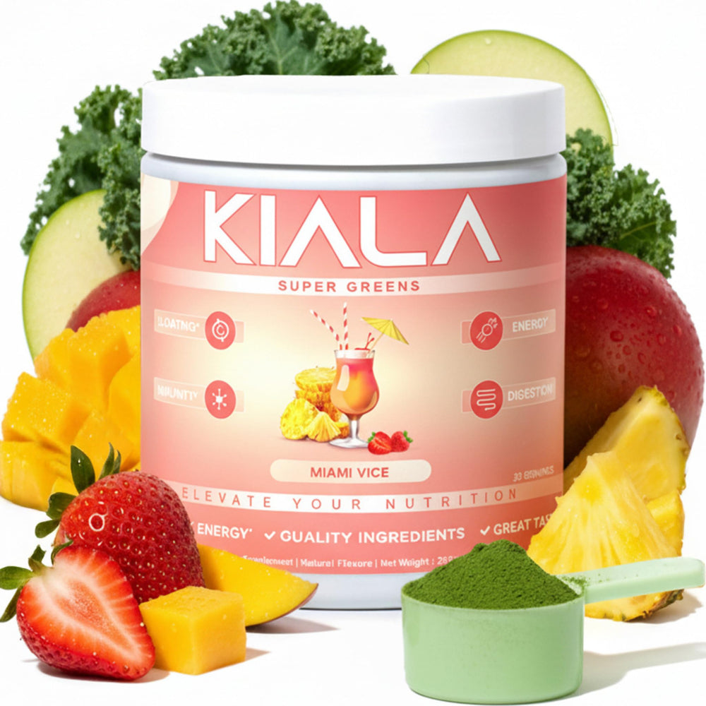 Kiala Nutrition Super Greens bottle front with vibrant packaging for daily wellness
