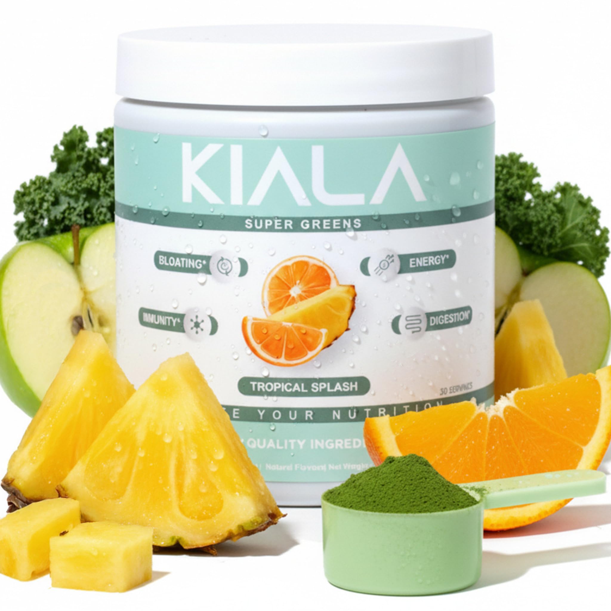 Kiala Nutrition Super Greens canister outer label with Spectra blend and tropical flavor.