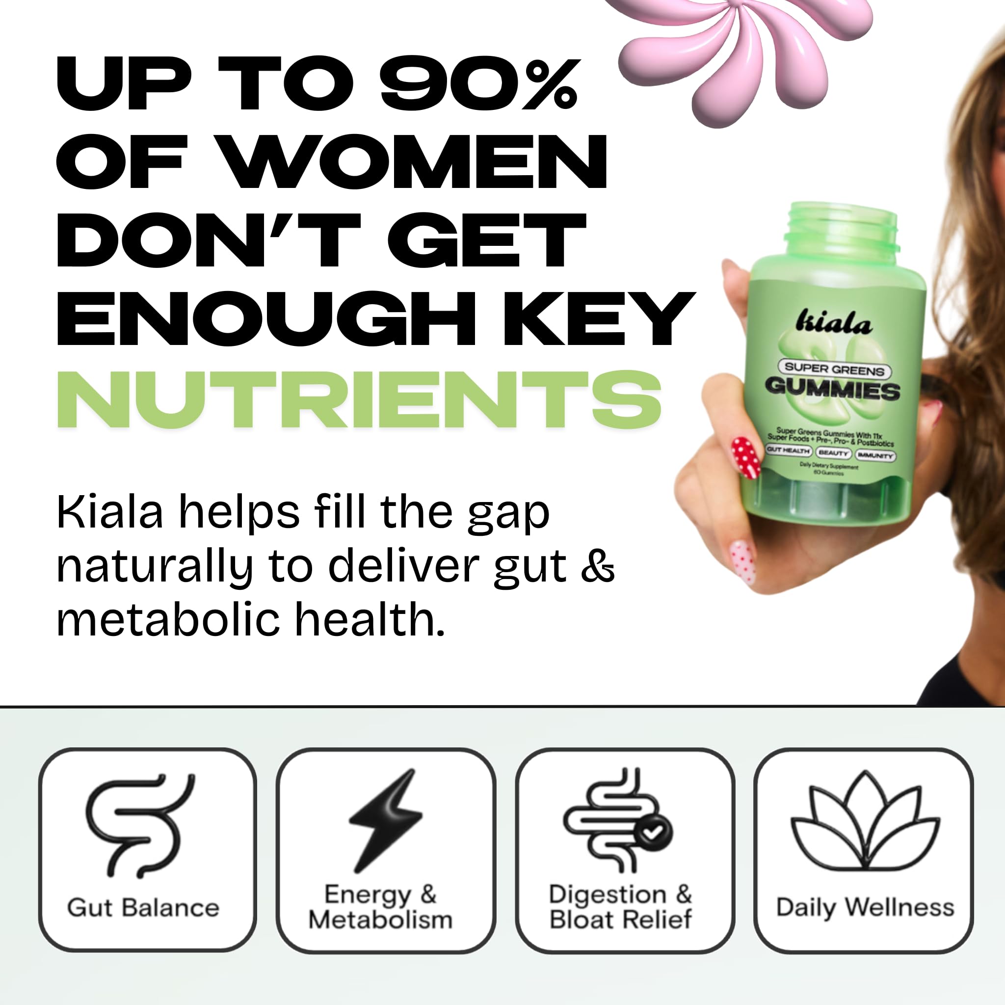 Kiala Nutrition Super Greens Gummies bottle back highlights ingredients and allergen-friendly features.