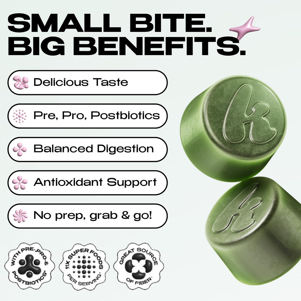 Kiala Nutrition Super Greens Gummies closeup texture shows chewy, fruity consistency.